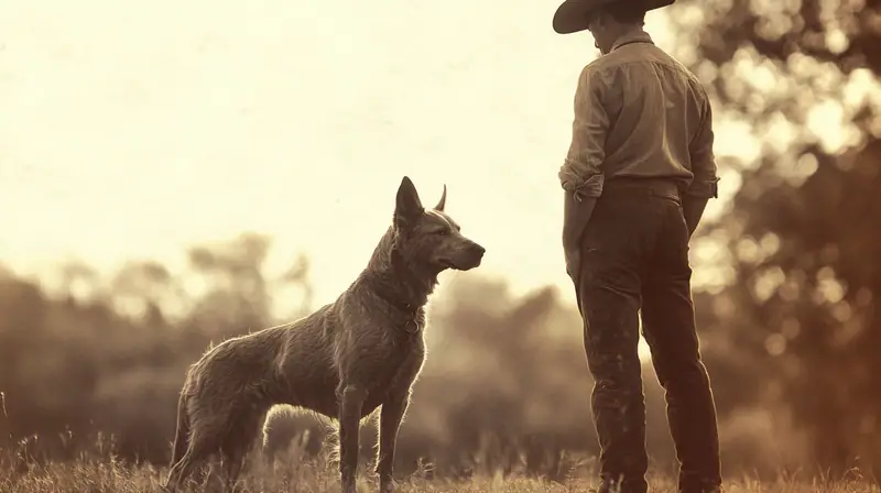 Historical image of Thomas Hall with early Queensland Heelers working cattle