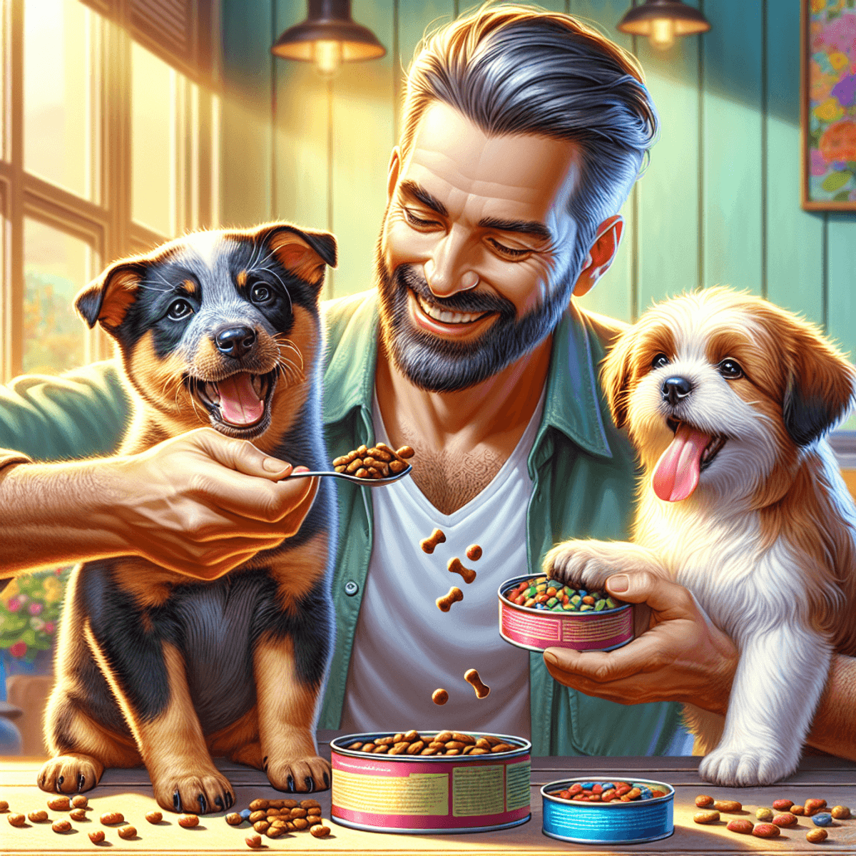 A cheerful Middle-Eastern man is feeding two puppies in a warm, colorful setting. One puppy is an enthusiastic Australian Cattle Dog, while the other is a lively Shih Tzu. The owner is offering them different types of food, highlighting thoughtful pet care and dietary choices. The scene captures a meaningful moment filled with joy and care.