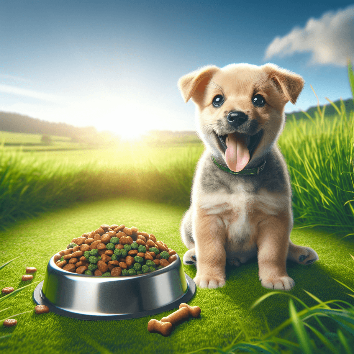 A cheerful and playful puppy sitting on lush green grass, next to a bowl filled with high-quality dog food, under a bright sunny sky, conveying health and vitality.