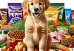 A happy, energetic Golden Retriever puppy sitting next to colorful bags of high-quality puppy food, surrounded by fresh ingredients like chicken and a