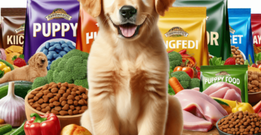 A happy, energetic Golden Retriever puppy sitting next to colorful bags of high-quality puppy food, surrounded by fresh ingredients like chicken and a