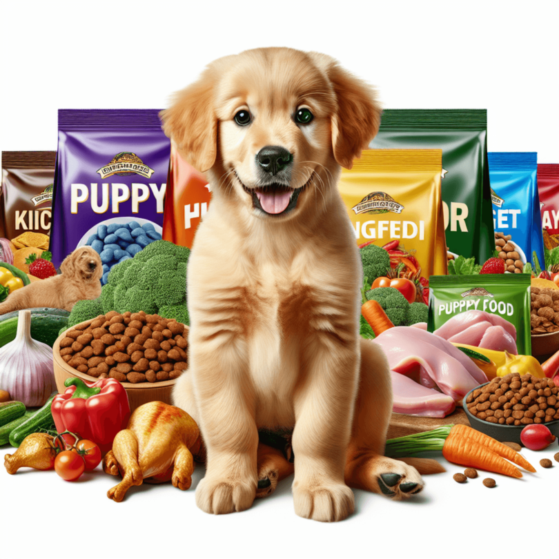 A happy, energetic Golden Retriever puppy sitting next to colorful bags of high-quality puppy food, surrounded by fresh ingredients like chicken and a