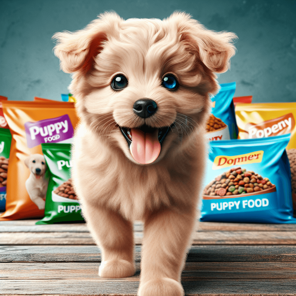 A playful, healthy Caucasian puppy with a joyful demeanor sits in the center of the frame, surrounded by colorful bags that suggest they hold puppy food. The atmosphere is bright and cheerful, highlighting the puppy's vibrant energy and vitality, symbolizing the importance of proper nutrition in young dogs.