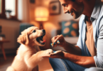 A golden retriever puppy playfully nipping at the hand of a Caucasian man during a training session, with the man gently guiding the puppy using a col