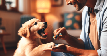 A golden retriever puppy playfully nipping at the hand of a Caucasian man during a training session, with the man gently guiding the puppy using a col