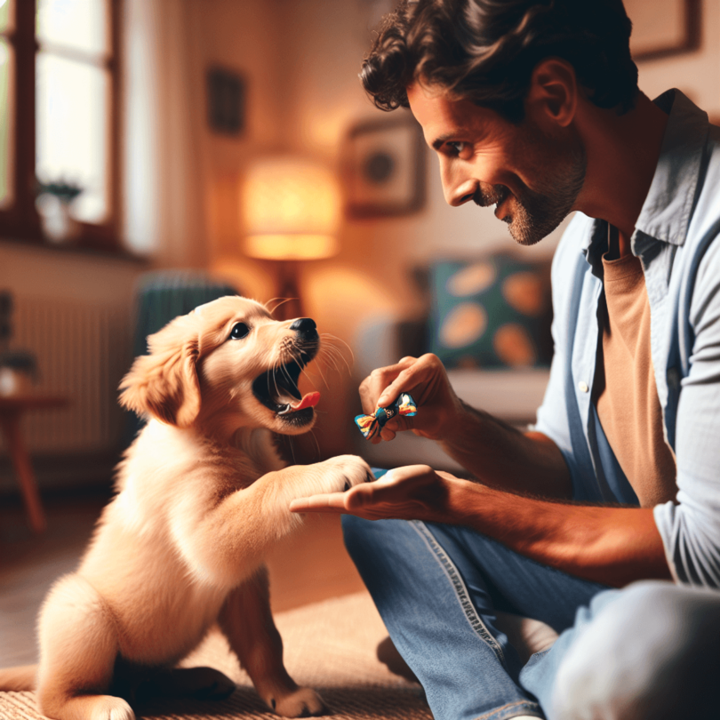 A golden retriever puppy playfully nipping at the hand of a Caucasian man during a training session, with the man gently guiding the puppy using a col