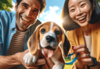 A Beagle puppy playfully interacts with an East Asian man and a Caucasian woman in a sunny park, surrounded by lush greenery and a clear blue sky, cap