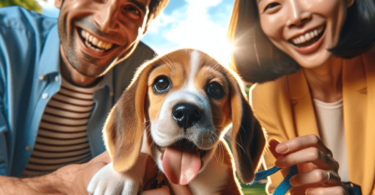 A Beagle puppy playfully interacts with an East Asian man and a Caucasian woman in a sunny park, surrounded by lush greenery and a clear blue sky, cap