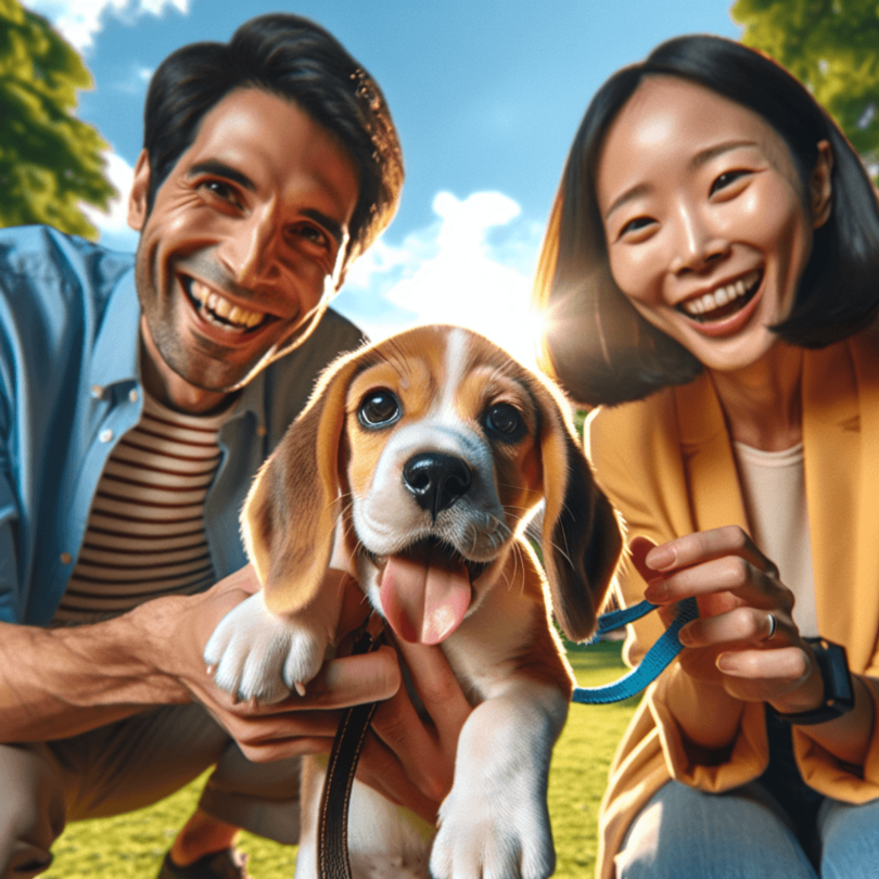 A Beagle puppy playfully interacts with an East Asian man and a Caucasian woman in a sunny park, surrounded by lush greenery and a clear blue sky, cap