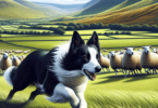 A Border Collie in mid-action, skillfully herding sheep across a vibrant green field. The dog exhibits agility and intelligence with its streamlined p