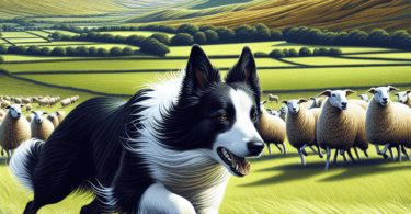 A Border Collie in mid-action, skillfully herding sheep across a vibrant green field. The dog exhibits agility and intelligence with its streamlined p