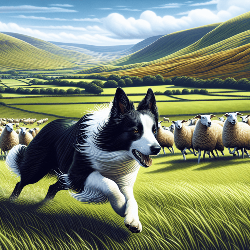 A Border Collie in mid-action, skillfully herding sheep across a vibrant green field. The dog exhibits agility and intelligence with its streamlined p