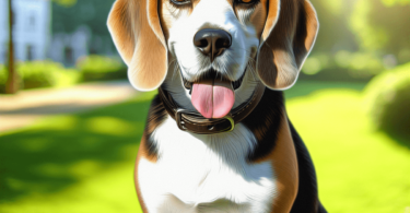 A friendly Beagle dog with droopy ears and expressive eyes stands in a sunny park, its fur a mix of white, black, and brown. The background features l