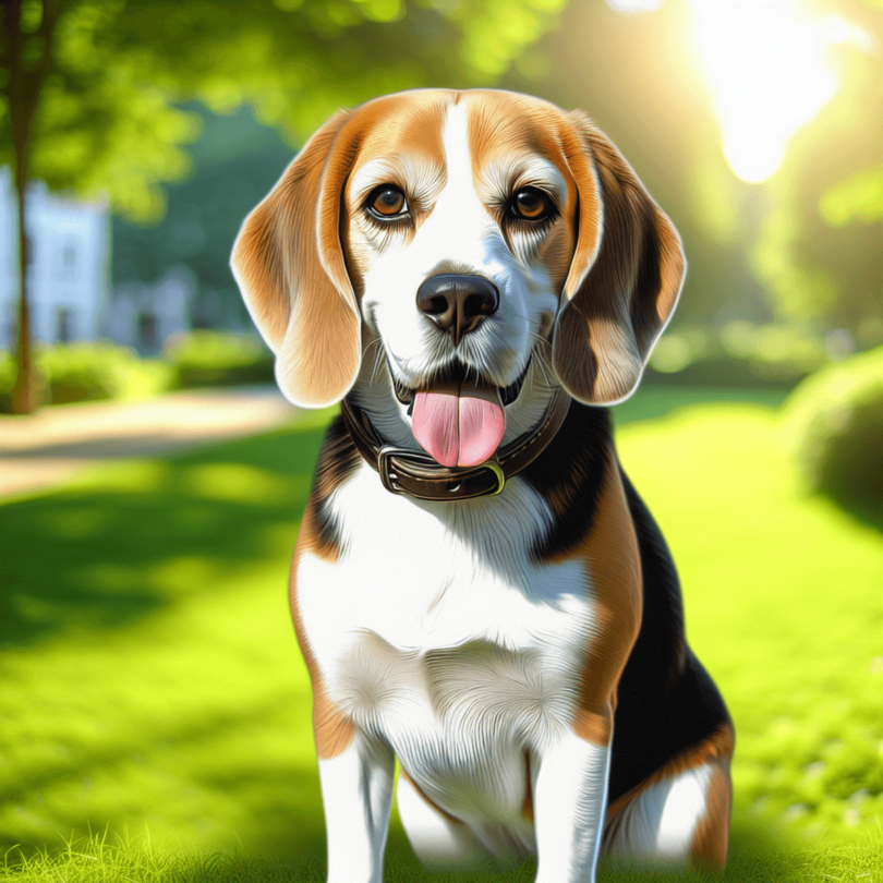 A friendly Beagle dog with droopy ears and expressive eyes stands in a sunny park, its fur a mix of white, black, and brown. The background features l