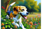 A happy Beagle dog playing in a lush green park, surrounded by colorful flowers and strong trees, showcasing its good health and playful spirit.