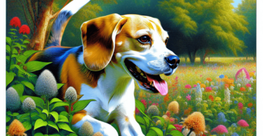 A happy Beagle dog playing in a lush green park, surrounded by colorful flowers and strong trees, showcasing its good health and playful spirit.