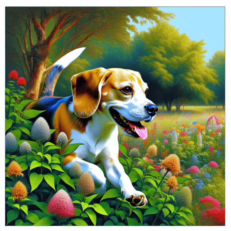 A happy Beagle dog playing in a lush green park, surrounded by colorful flowers and strong trees, showcasing its good health and playful spirit.