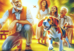 A joyful Beagle dog is playfully bounding through a sunny park, its tail wagging and ears flopping as it engages with a family nearby. The family, con