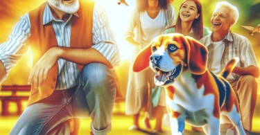 A joyful Beagle dog is playfully bounding through a sunny park, its tail wagging and ears flopping as it engages with a family nearby. The family, con