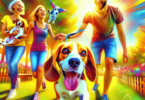 A joyful Beagle with a wagging tail plays in a sunny park surrounded by a cheerful family of Caucasian and Hispanic members. The family's faces light