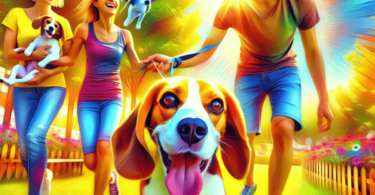 A joyful Beagle with a wagging tail plays in a sunny park surrounded by a cheerful family of Caucasian and Hispanic members. The family's faces light