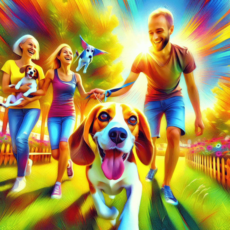 A joyful Beagle with a wagging tail plays in a sunny park surrounded by a cheerful family of Caucasian and Hispanic members. The family's faces light