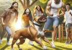 A muscular American Bulldog joyfully plays in a sunlit park with a Caucasian man, a Hispanic woman, and an Asian individual. The dog is energetically