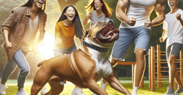 A muscular American Bulldog joyfully plays in a sunlit park with a Caucasian man, a Hispanic woman, and an Asian individual. The dog is energetically