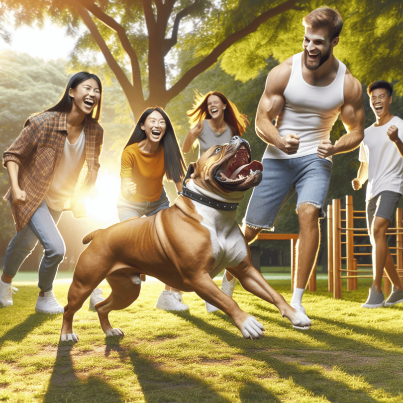 A muscular American Bulldog joyfully plays in a sunlit park with a Caucasian man, a Hispanic woman, and an Asian individual. The dog is energetically