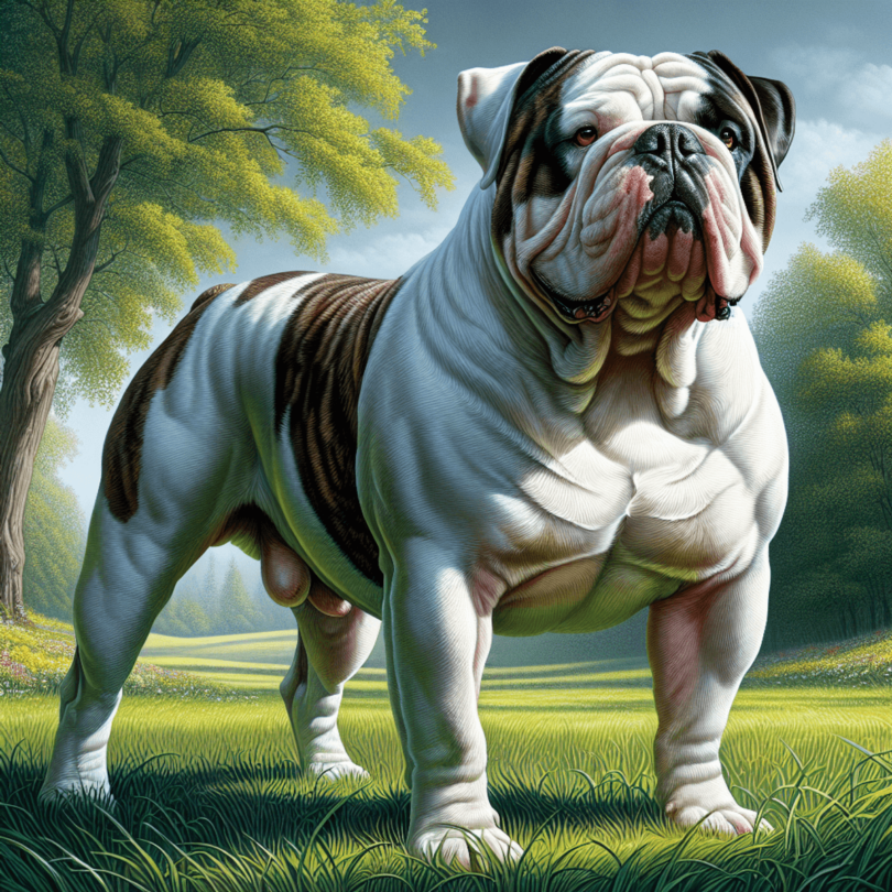 A muscular American Bulldog stands proudly in a lush green outdoor setting, showcasing its stocky build and broad square head. Its short, smooth coat