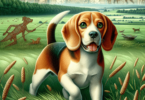 A playful Beagle with expressive eyes and floppy ears stands in a vibrant green field, its tail wagging energetically. In the background, faint silhou