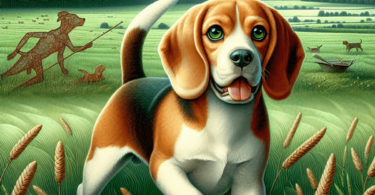 A playful Beagle with expressive eyes and floppy ears stands in a vibrant green field, its tail wagging energetically. In the background, faint silhou