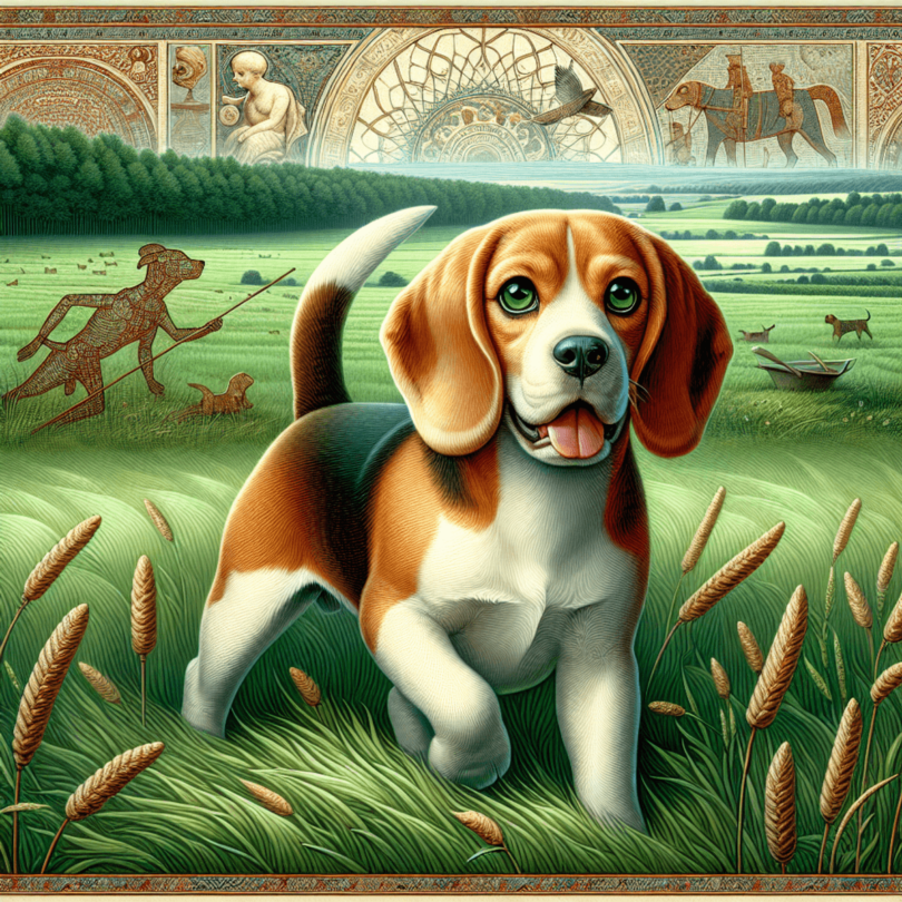 A playful Beagle with expressive eyes and floppy ears stands in a vibrant green field, its tail wagging energetically. In the background, faint silhou