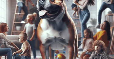 A robust American Bulldog stands proudly in a warm family setting, exuding loyalty and care. The dog has a gentle expression, surrounded by a diverse