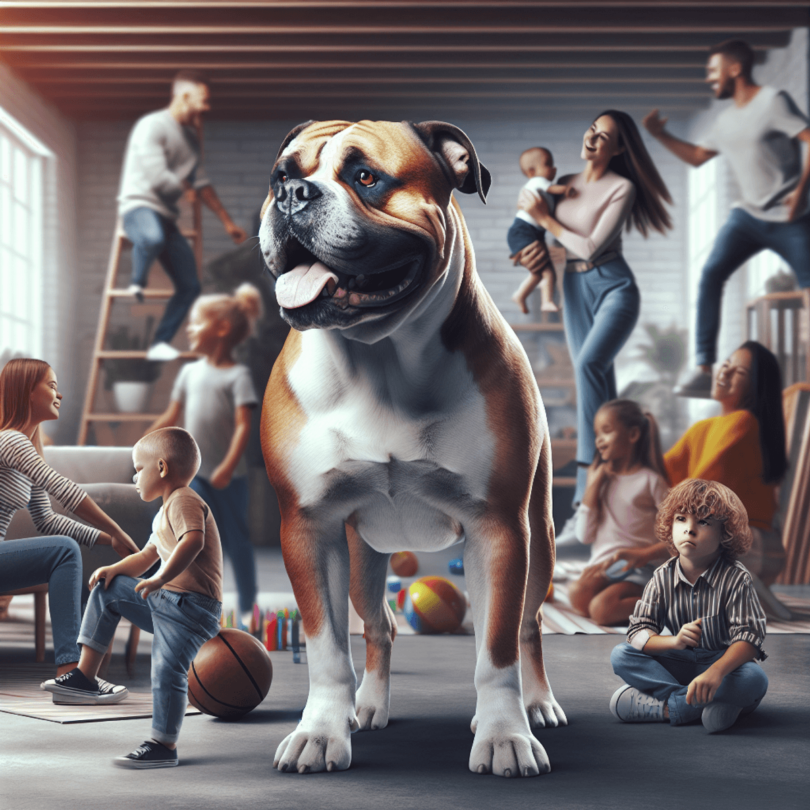 A robust American Bulldog stands proudly in a warm family setting, exuding loyalty and care. The dog has a gentle expression, surrounded by a diverse