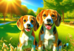 A small-sized Beagle and a medium-sized Beagle joyfully playing together in a vibrant, sunny park, surrounded by lush green grass and tall rustling tr