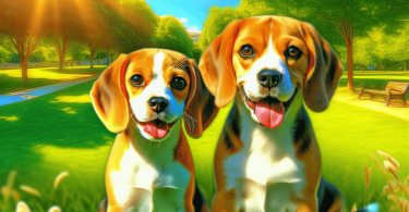 A small-sized Beagle and a medium-sized Beagle joyfully playing together in a vibrant, sunny park, surrounded by lush green grass and tall rustling tr