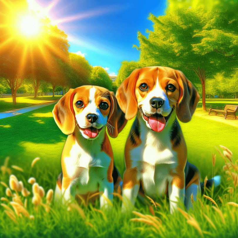 A small-sized Beagle and a medium-sized Beagle joyfully playing together in a vibrant, sunny park, surrounded by lush green grass and tall rustling tr