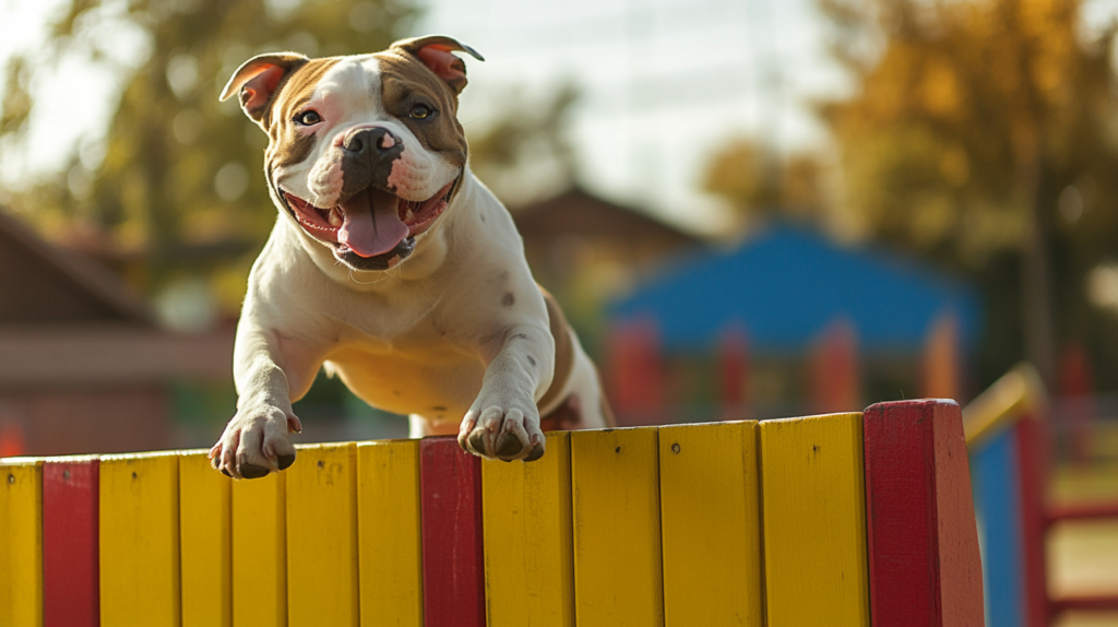 Confident American Bulldog navigating agility course obstacles, showcasing breed's athleticism