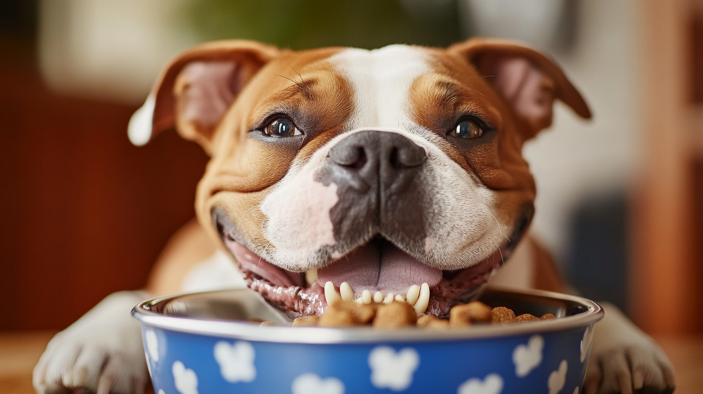 American Bulldog eating balanced, protein-rich meal from a bowl