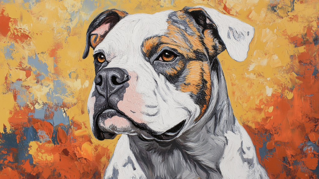 Various American Bulldog coat colors including white, brindle, and fawn