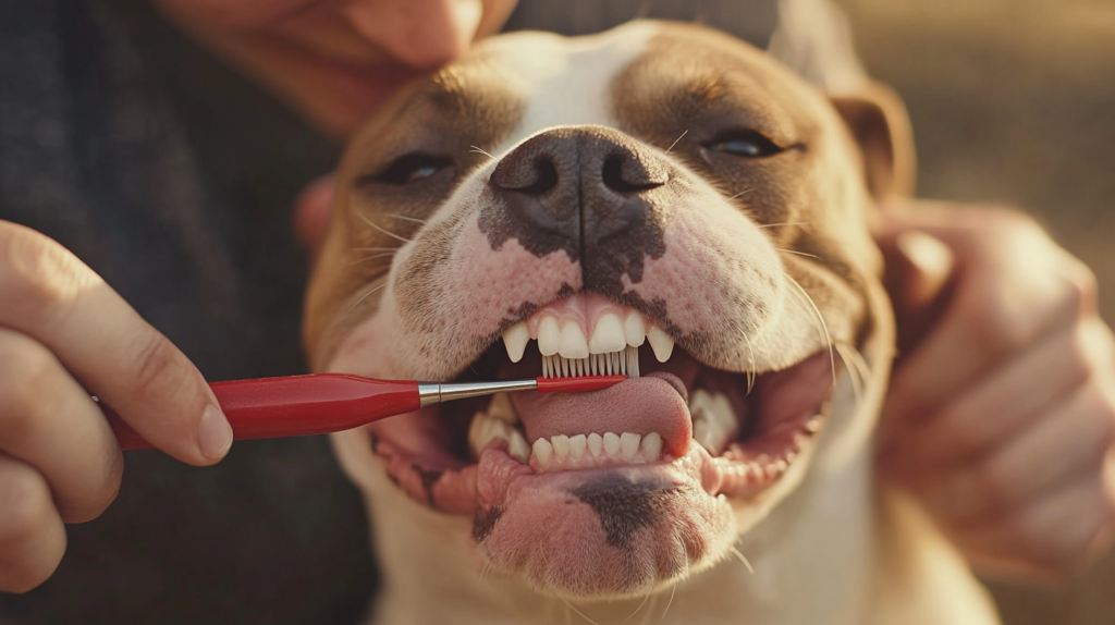 Owner brushing American Bulldog's teeth to prevent dental issues