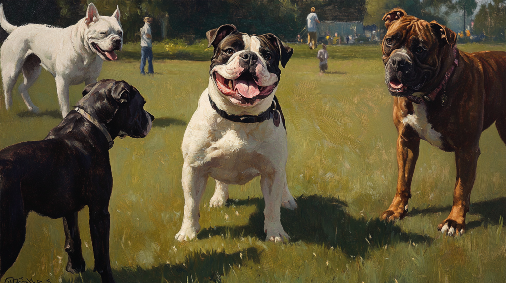 Well-socialized American Bulldog calmly interacting with other dogs at park