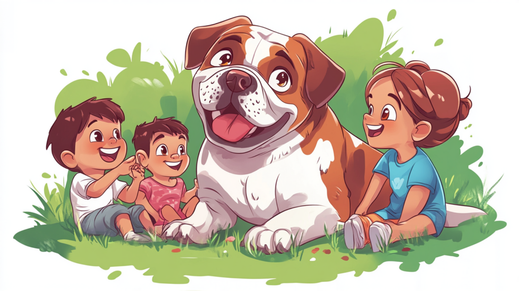 American Bulldog playing with children, demonstrating its family-friendly nature