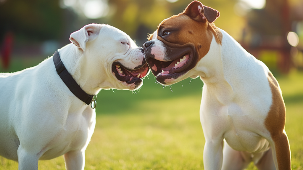 American Bulldog meeting new dog at park, demonstrating positive social interaction