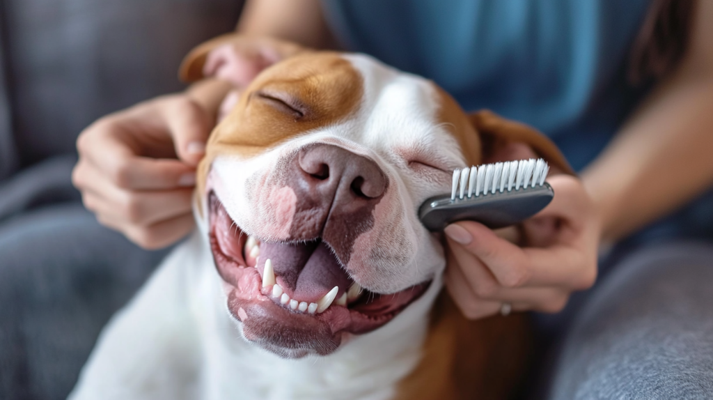 Owner brushing American Bulldog's short coat during grooming session