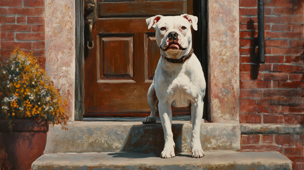 Alert American Bulldog standing guard at front door, demonstrating protective instincts