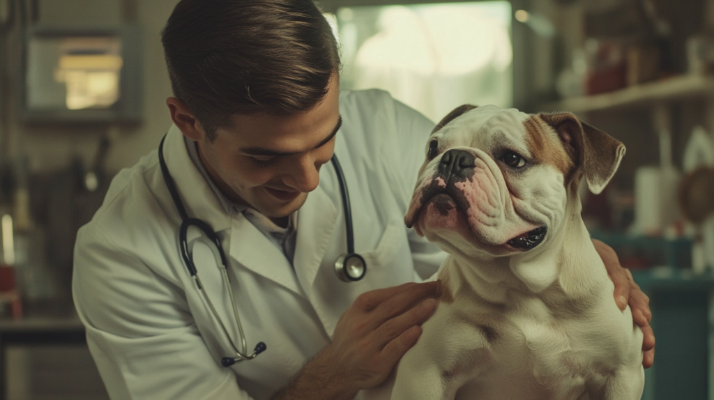 Veterinarian examining American Bulldog for common health issues