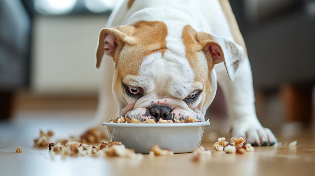 American Bulldog eating nutritious meal tailored for breed's health needs