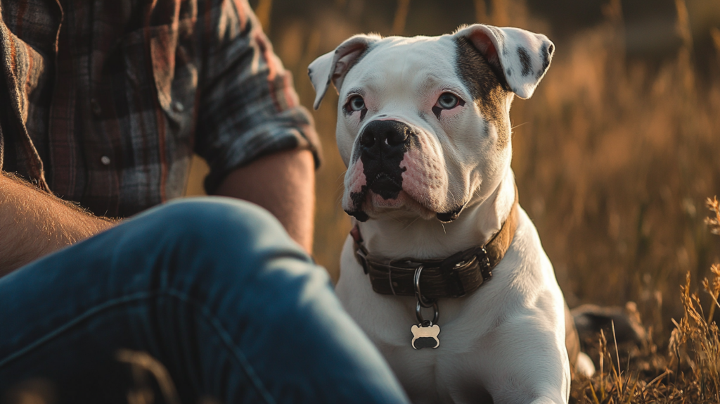 Loyal American Bulldog sitting attentively next to its owner, showcasing breed's devotion